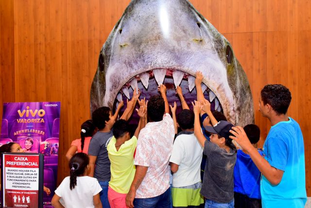 Crianças brincam com tubarão gigante de papelão