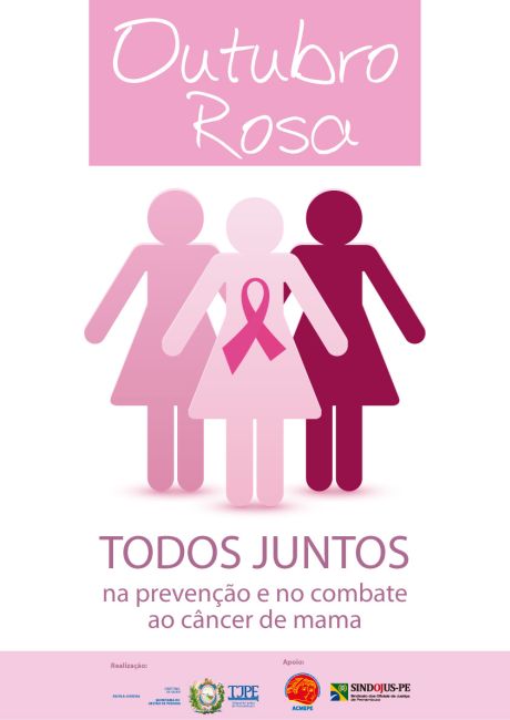 Cartaz da campanha "Outubro Rosa" com bonecas em tons de rosa, o laço da campanha e a frase "todos juntos no combate e na prevenção ao câncer de mama" 