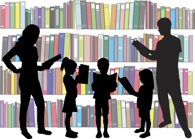 Desenho de uma família lendo livros