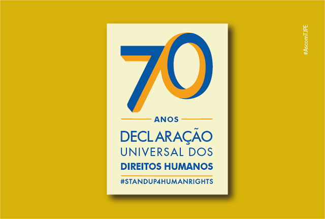 Marca dos 70 anos da Declaração dos Direitos Humanos em fundo amarelo