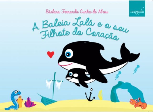 Ilustração com baleia e filhote do tipo Orca em livro infantil em cores verde, azul e lilás