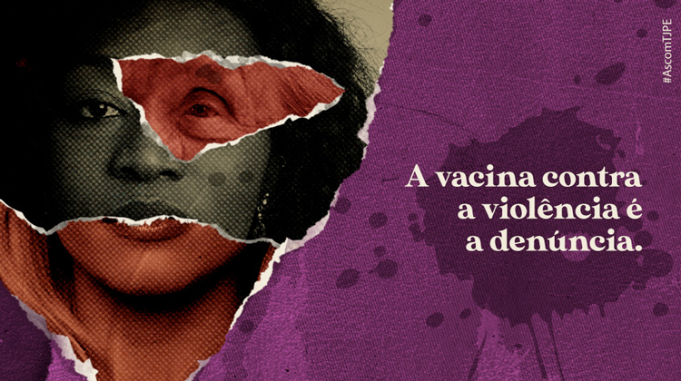 Rosto de Mulher composto por colagens ao lado do texto "A vacina contra a violência é a denúncia"