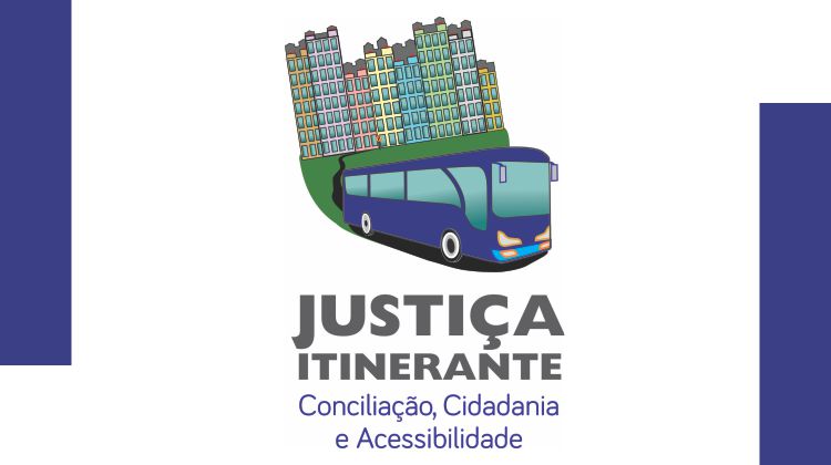 Logomarca da ação Justiça Itinerante do TJPE mostrando um ônibus em uma cidade