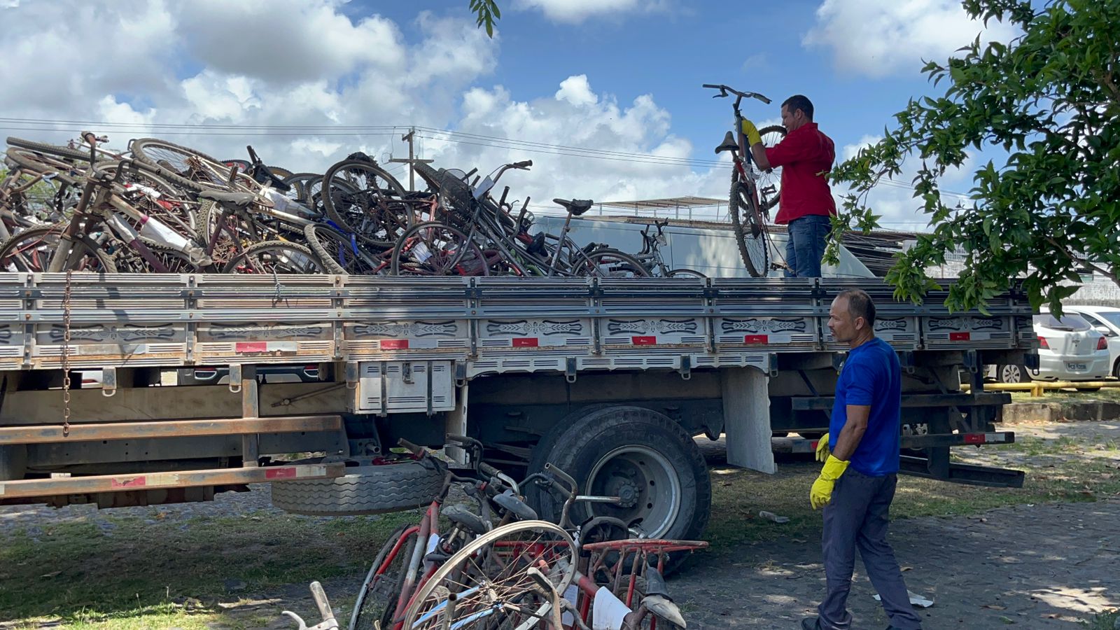 Bicicletas sendo colocadas no caminhão para doação