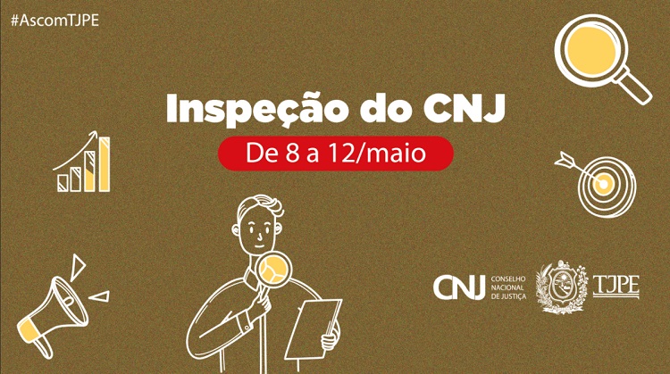 Uma pessoa analisando um relatório com a lupa, imagens de gráfico, alto falante, lupa, alvo. Na imagem, está escrito Inspeção do CNJ -  de 8 a 12 de maio