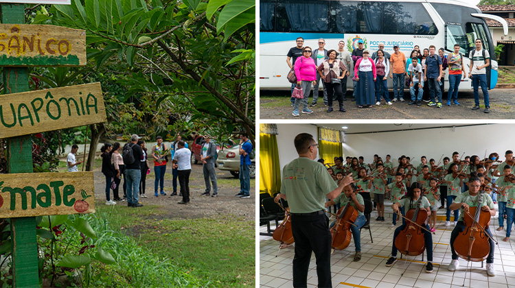 Montagem com fotos de integrantes do TJPE no Serta, em frente ao ônibus e da orquestra tocando