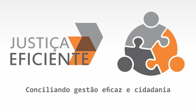 Justiça Eficiente à esquerda, três bonecos se encaixando como peças de quebra-cabeça à direita.