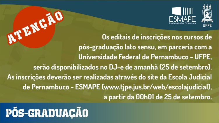 Imagem nas cores verde, vermelha, azul e branca, com destaque para a palavra Atenção. No canto superior direito, marcas da UFPE e da Esmape/TJPE. 