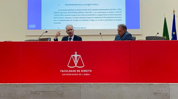 Foto do desembargador Alexandre Pimentel apresentando a palestra “O Direito Cibernético: um enfoque teórico e lógico-aplicativo” na Expojud Portugal