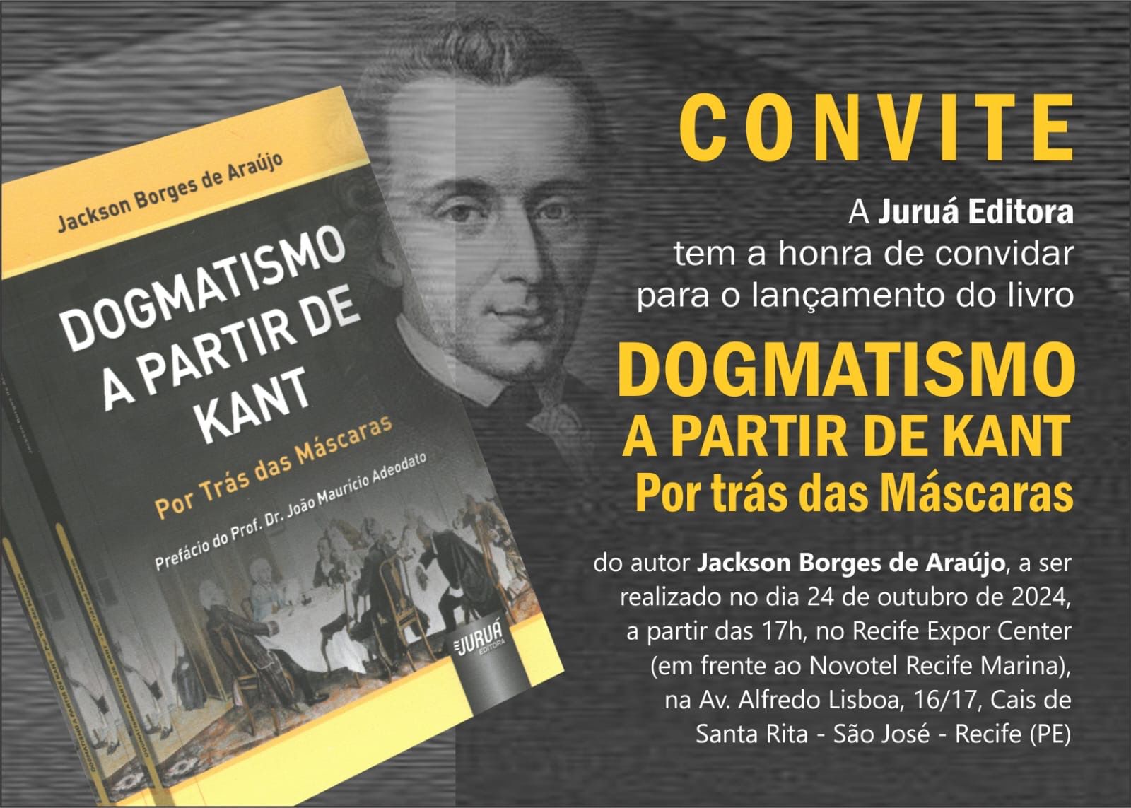 Convite de lançamento para o livro do juiz aposentado Jackson Borges de Araújo. Na imagem, informações sobre o evento em letras brancas, pretas e amarelas. 