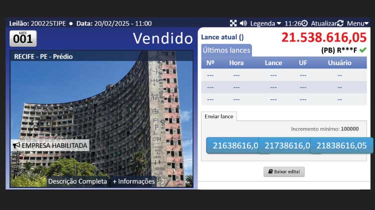 Tela do Leilão Virtual do Edf Holiday arrematado por R$ 21,5 milhões