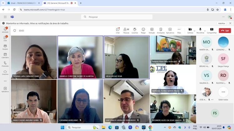 Reunião virtual das pessoas responsáveis pela iniciativa. Na tela do computador, são vistos quadrados com os rostos das pessoas participantes.